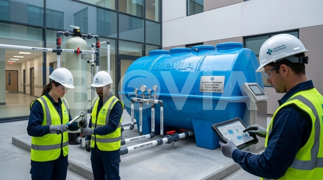 Proses instalasi stp tank di lokasi proyek gedung perkotaan sesuai standar teknis